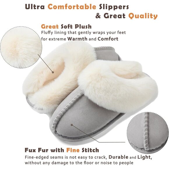 Women's Light Gray Memory Foam Winter Warm Fluffy Cozy Slip On Slippers Shoes - Picture 4 of 7